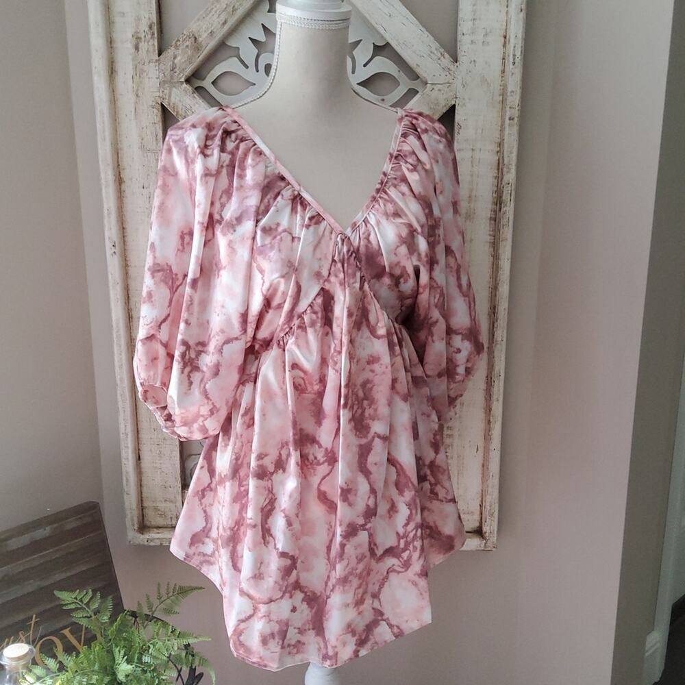 Lovely J Blush Pink Satin Babydoll Top Coquette Romantic Puff Sleeve